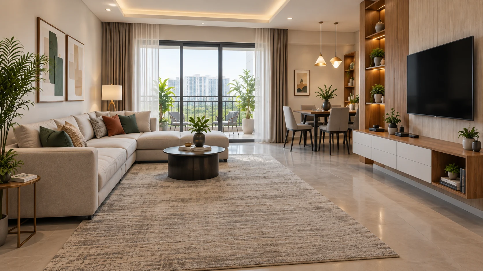 Illustrative NCR apartment living room with seating, dining and TV storage